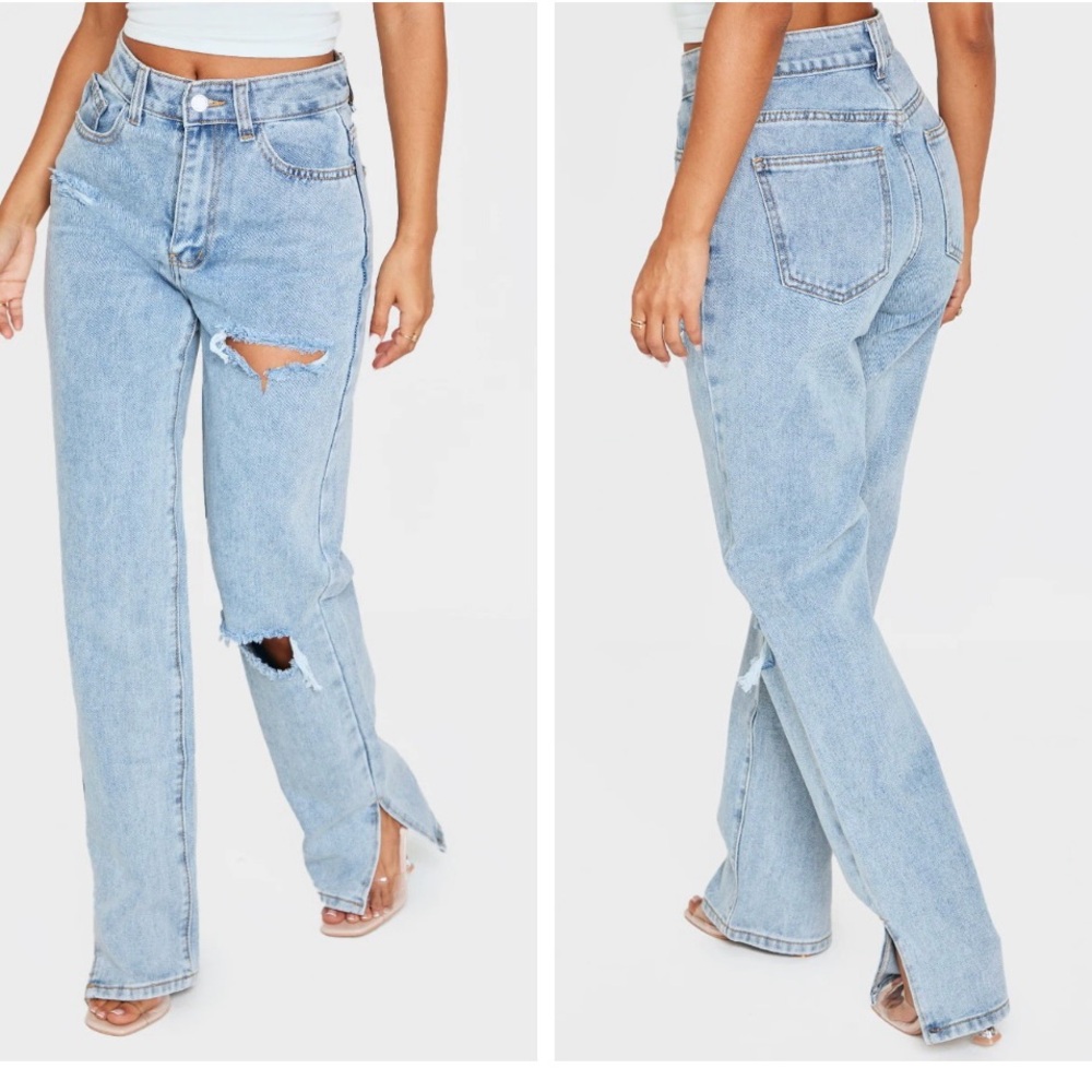 PETITE BLEACH WASH RIPPED SPLIT HEM JEANS